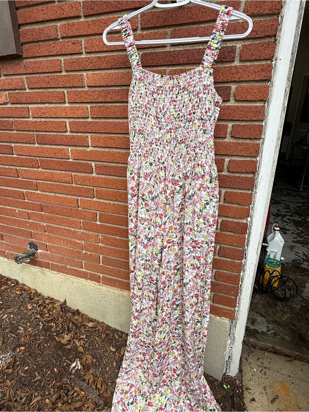 Amazon Floral Smocked Maxi Jumpsuit - White with Pink & Green Floral
